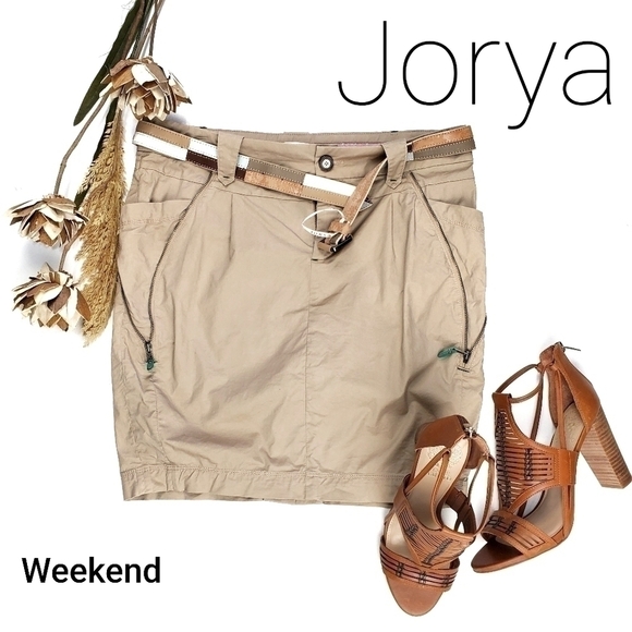 JORYA  Beige Belted Faux Zipper Pocketed Skirt 8 - Picture 1 of 12